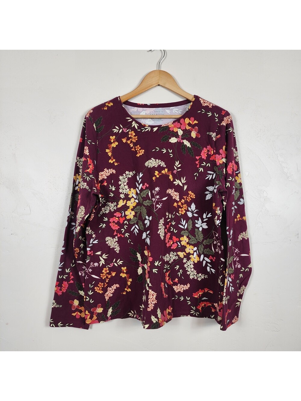 Talbots Burgundy Floral Long Sleeve Tee Cotton Stretch Round Neck XL Extra Large